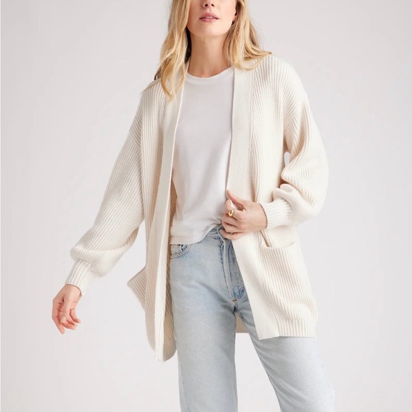 Quince Sweaters - Quince Organic Cotton Ribbed Open Cardigan Cream Minimalist Cozy Scandi Chic